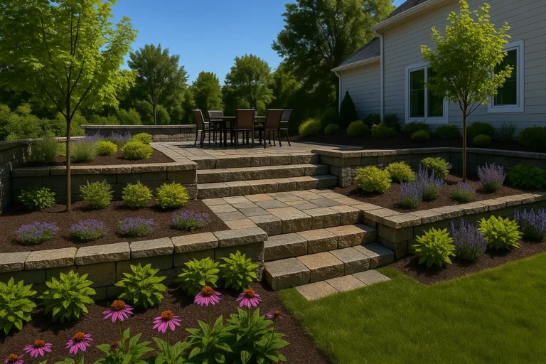 Hardscaping Services by Worthy Landscaping in Delaware County highlighting an organized side-yard paver path with river rock edging