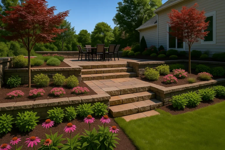 and vibrant green grass in a suburban neighborhood at sunset.