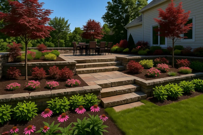 and stone seating walls encircling a dining area and terraced plants.