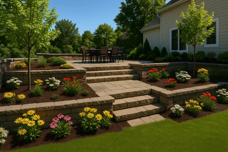 Hardscaping Services by Worthy Landscaping in Montgomery County capturing a drainage-friendly paver strip by the home and fence
