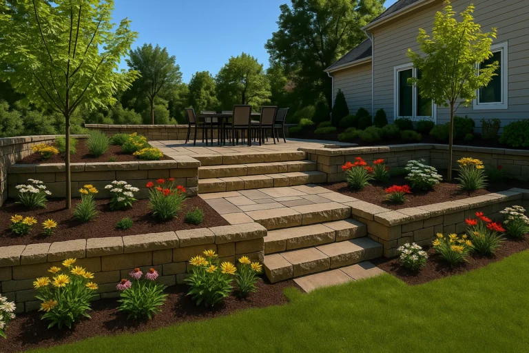 Hardscaping Services by Worthy Landscaping in Montgomery County highlighting a sophisticated multi-level patio with large paver stairs