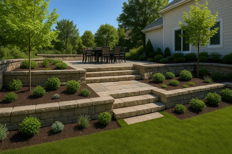 and an outdoor dining table surrounded by terraced planting beds and lawn.