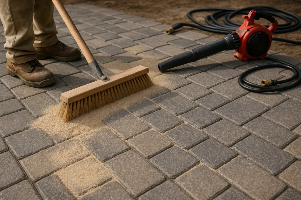 Hardscaping Services by Worthy Landscaping in Delaware County featuring a worker sweeping polymeric sand into the joints of a stone paver patio with a push broom
