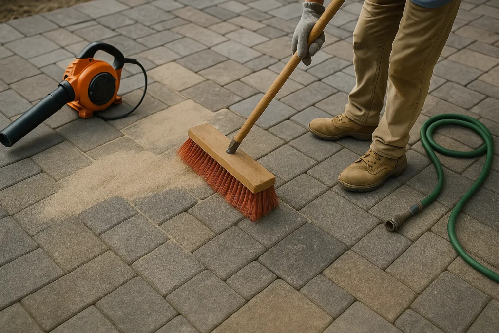 Hardscaping Services by Worthy Landscaping in Chester County capturing the finishing stages of a paver patio as polymeric sand is swept into joints with a push broom beside a leaf blower and hoses.