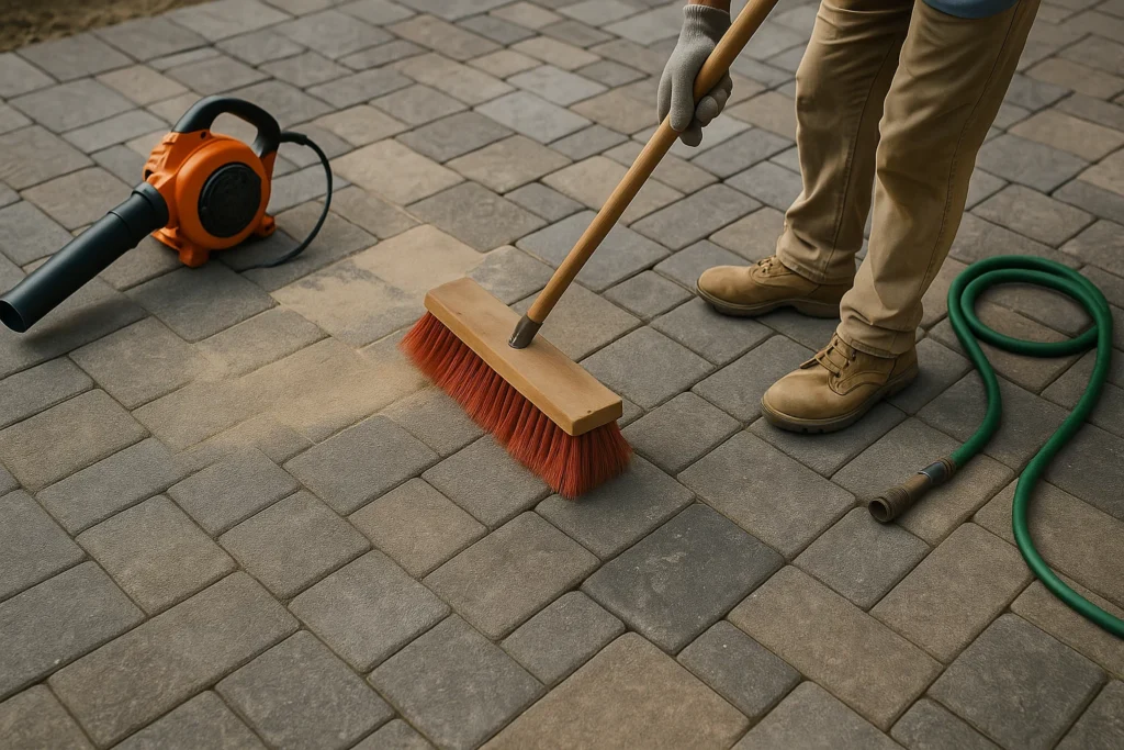 Hardscaping Services by Worthy Landscaping in Montgomery County showcasing a freshly installed paver patio and low stone wall in a family-friendly suburban backyard with lush lawn at dusk.