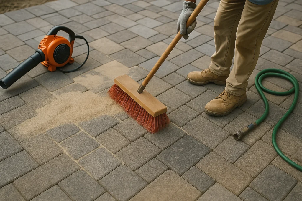 and an outdoor dining set bordered by terraced garden beds and green grass.