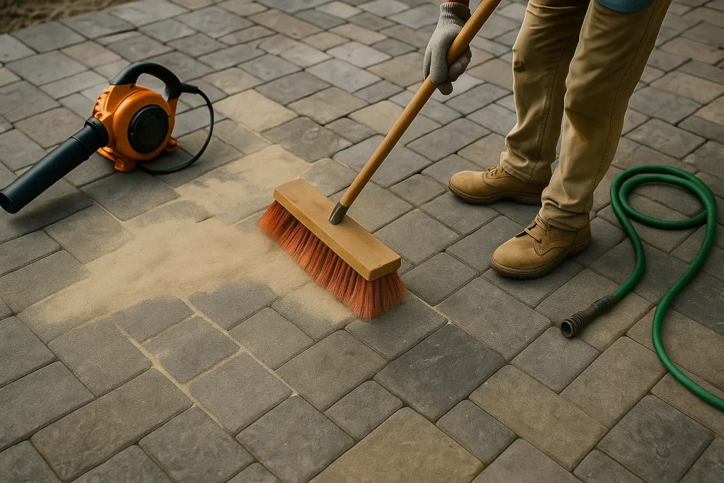 Hardscaping Services by Worthy Landscaping in Delaware County highlighting a compact side-yard paver walkway bordered by river rock beds