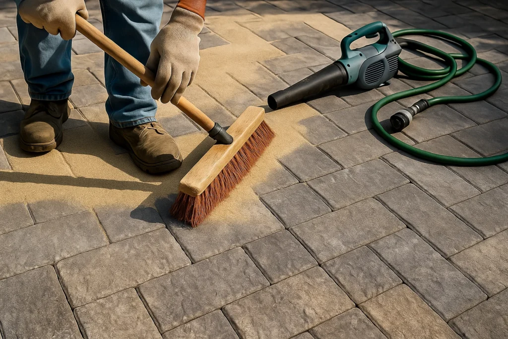 while a blower and hoses lie on the surface.