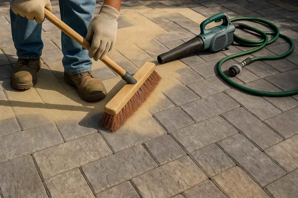 Hardscaping Services by Worthy Landscaping in Delaware County showcasing a contemporary paver patio with a low stone retaining wall in a fenced suburban backyard at dusk.