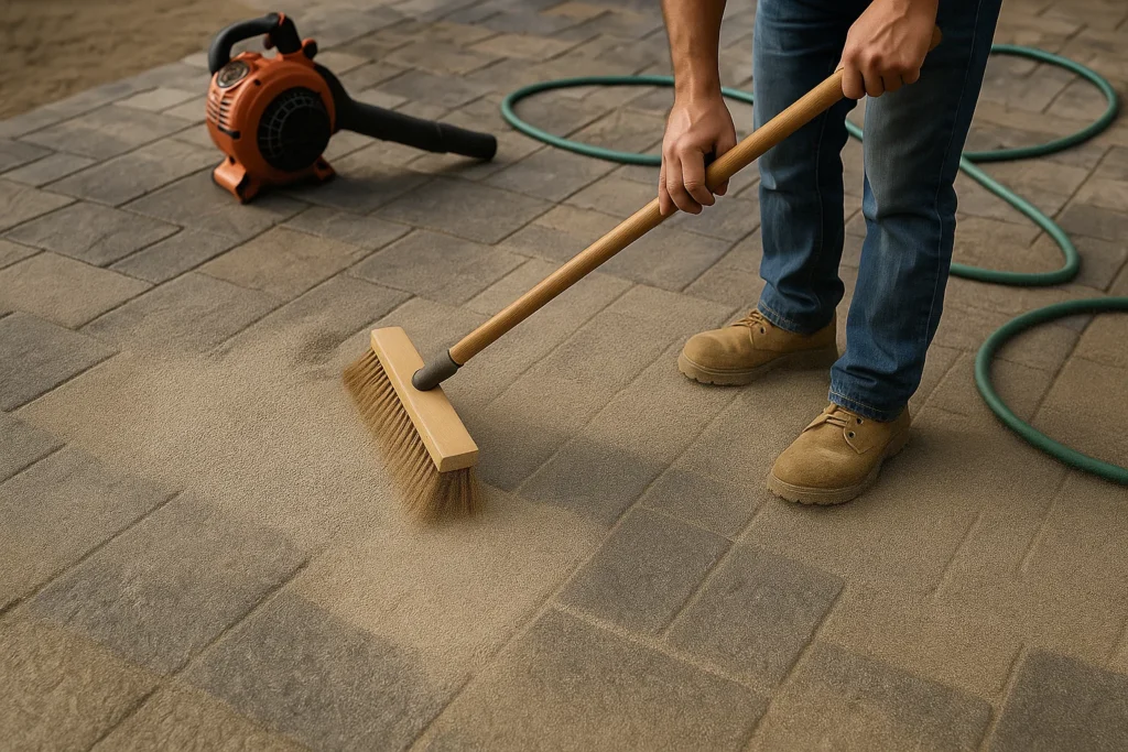 Hardscaping Services by Worthy Landscaping in Montgomery County showcasing a stone paver patio during finishing