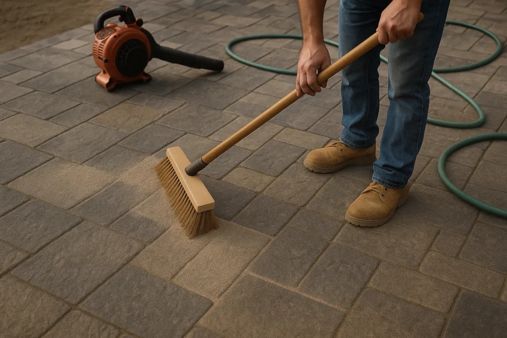 and an outdoor dining set near tiered landscape beds.