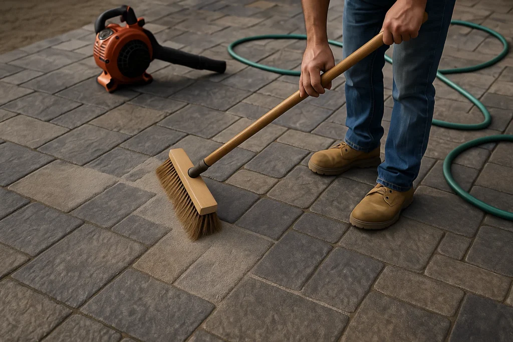 Hardscaping Services by Worthy Landscaping in Delaware County highlighting a narrow paver walkway between house and privacy fence with river rock beds and mulch surrounding the air conditioning unit.