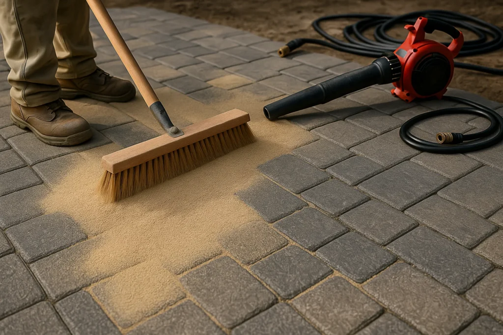 Hardscaping Services by Worthy Landscaping in Chester County featuring a stylish paver patio and low stone wall combination in a suburban yard with neat green grass and close neighbors at dusk.