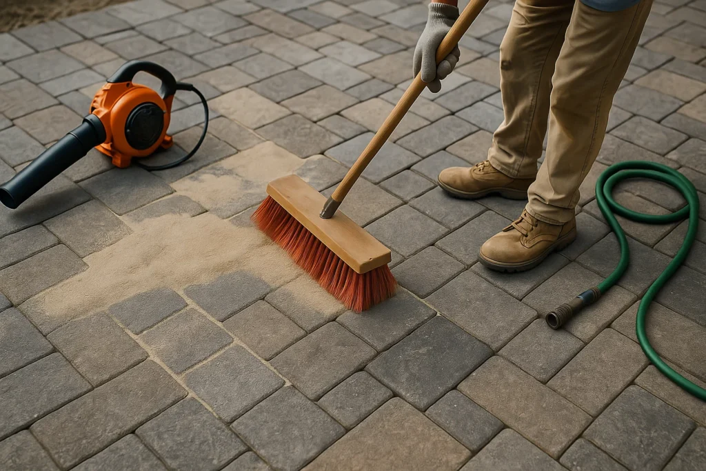 Hardscaping Services by Worthy Landscaping in Montgomery County featuring a technician sweeping polymeric sand across a stone paver patio with a push broom while a leaf blower and hoses lie on the patio surface.