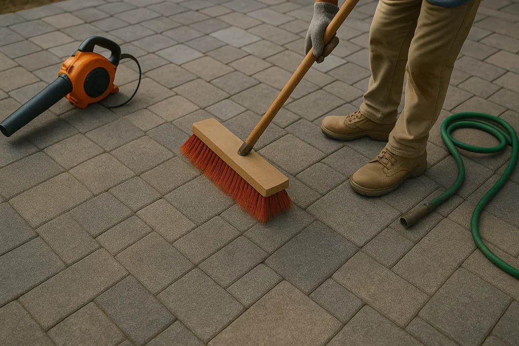 Hardscaping Services by Worthy Landscaping in Delaware County featuring a spacious paver patio bordered by a low stone retaining wall in a landscaped suburban backyard at golden hour.
