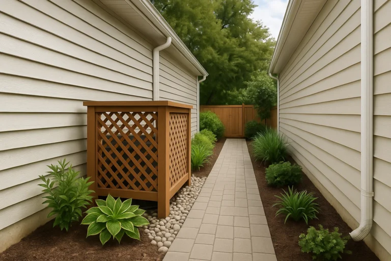 Hardscaping Services by Worthy Landscaping in Chester County showcasing a narrow paver path along the house and fence