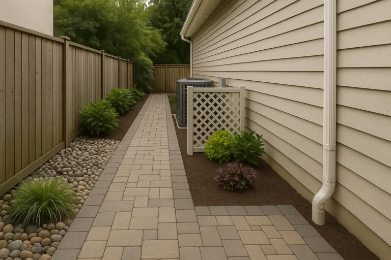 Hardscaping Services by Worthy Landscaping in Montgomery County highlighting a worker spreading polymeric sand over a stone paver patio and sweeping it into the joints with nearby leaf blower and hoses.