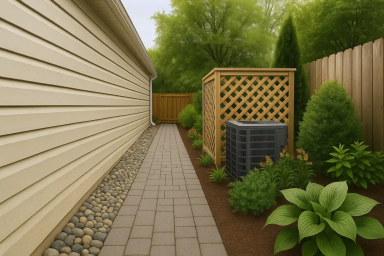 Hardscaping Services by Worthy Landscaping in Chester County showcasing a backyard paver patio edged by a low stone retaining wall and lush green grass in a suburban neighborhood at dusk.