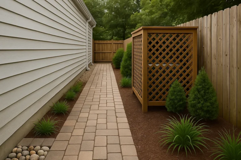 and an outdoor dining table framed by terraced planting beds and lawn.