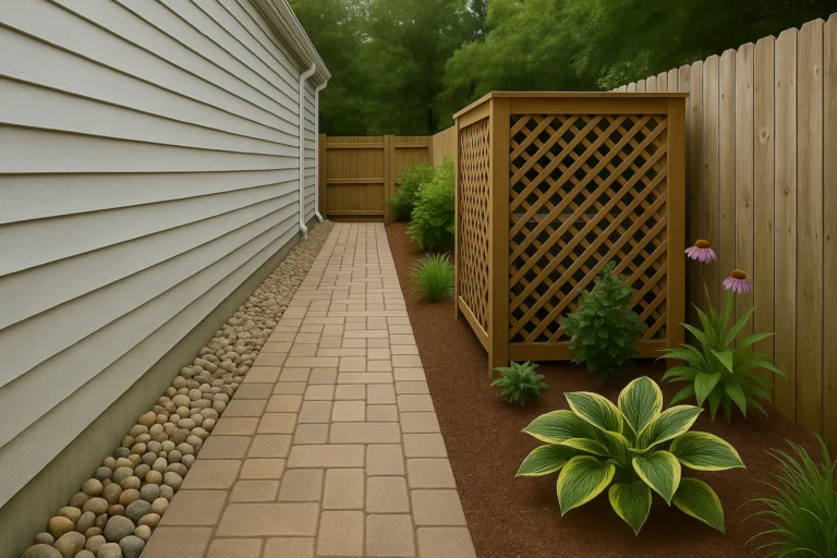 Hardscaping Services by Worthy Landscaping in Chester County highlighting professional paver installation as polymeric sand is broomed into joints on a stone patio with a leaf blower and hoses in view.