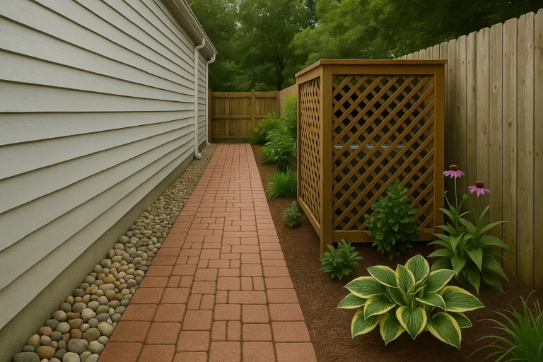 Hardscaping Services by Worthy Landscaping in Delaware County featuring a patio hardscaping crew member filling joints with polymeric sand while tools like a leaf blower and hoses lay across the pavers.