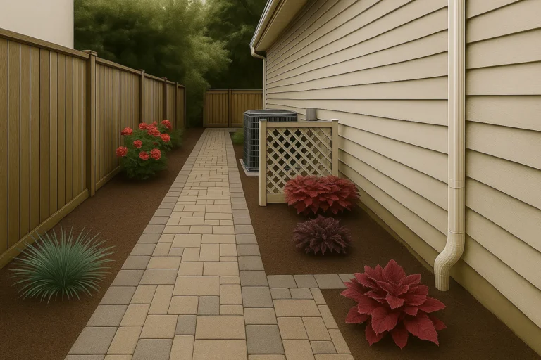 with a worker using a push broom and polymeric sand while a leaf blower and hoses rest nearby.