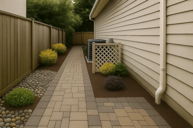 and shrubs framing the AC unit.