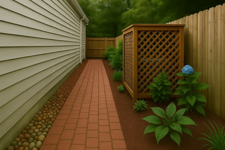 Hardscaping Services by Worthy Landscaping in Delaware County showcasing a freshly laid paver patio with a low stone retaining wall in a sunny suburban backyard transitioning into evening.