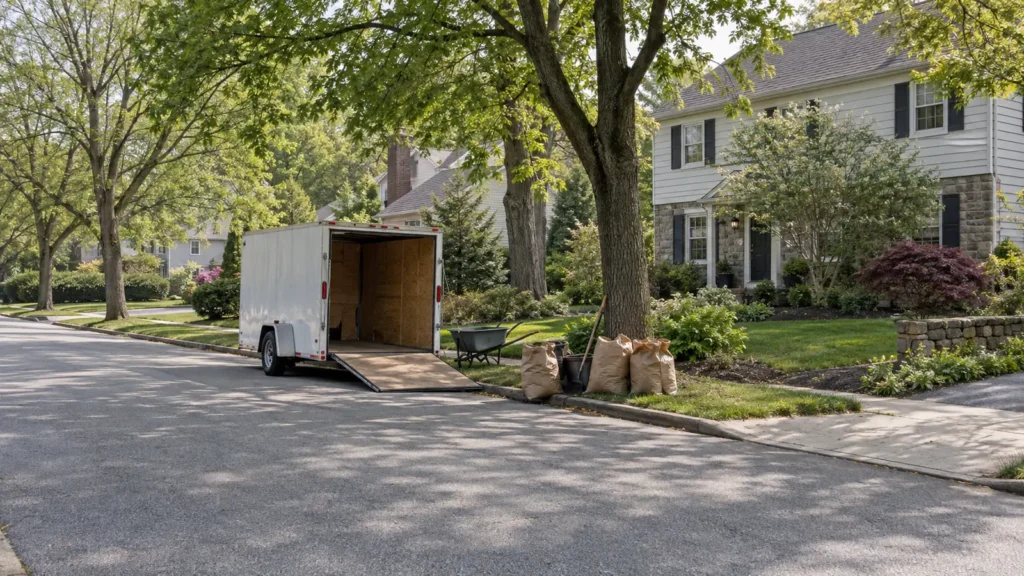 Unmarked trailer and unattended landscaping equipment on a tree-lined suburban street.