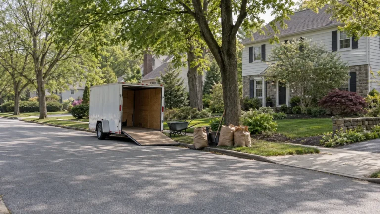 Unmarked trailer and unattended landscaping equipment on a tree-lined suburban street.