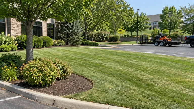 Mown commercial lawn and planting beds beside a trailer carrying an unattended mower.