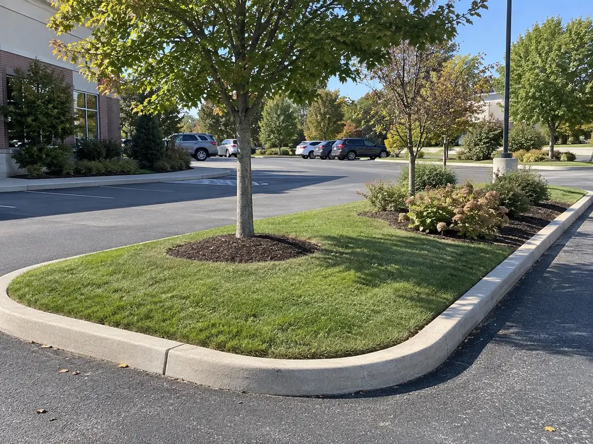 Trimmed grass and mulched trees within a curbed parking-lot island.