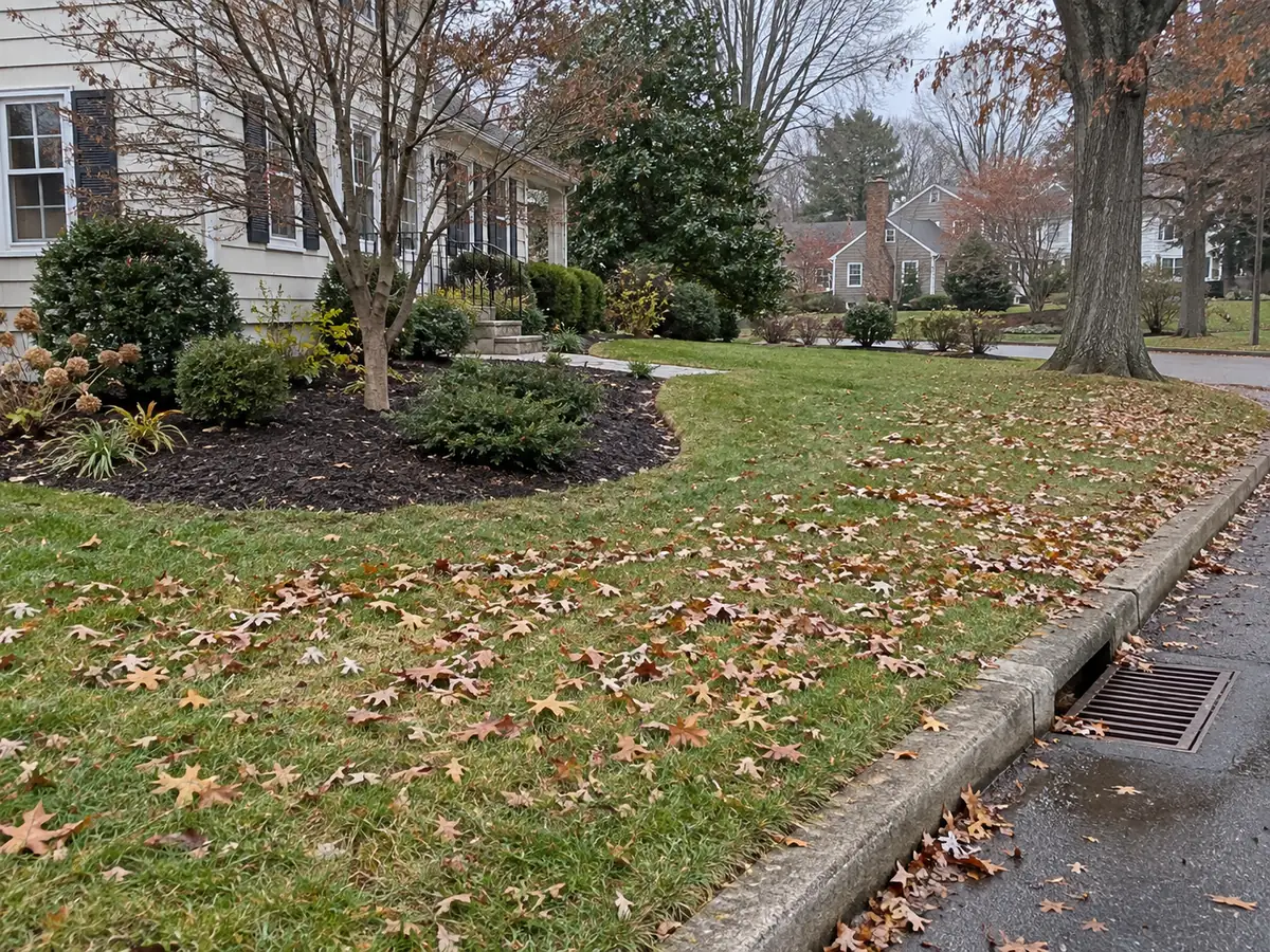 Cleared planting bed beside a lightly leaf-covered lawn and open curbside drain.