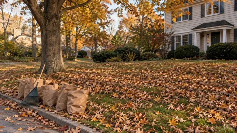 Autumn leaves across a lawn with a rake and paper yard bags near the curb.