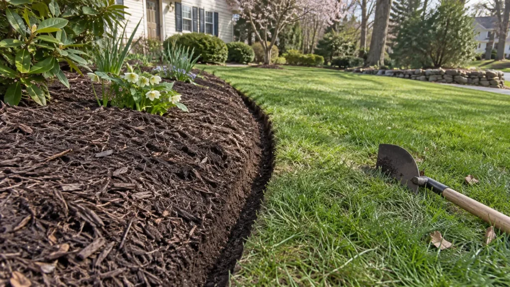Freshly cut curved bed edge separating mulch from lawn beside a half-moon edger.