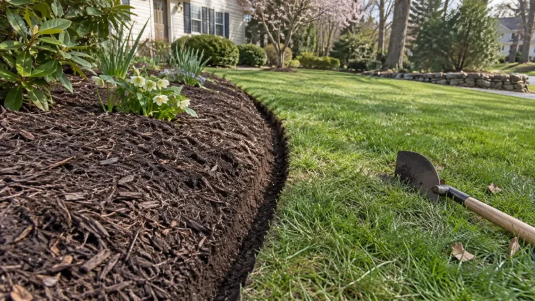 Freshly cut curved bed edge separating mulch from lawn beside a half-moon edger.