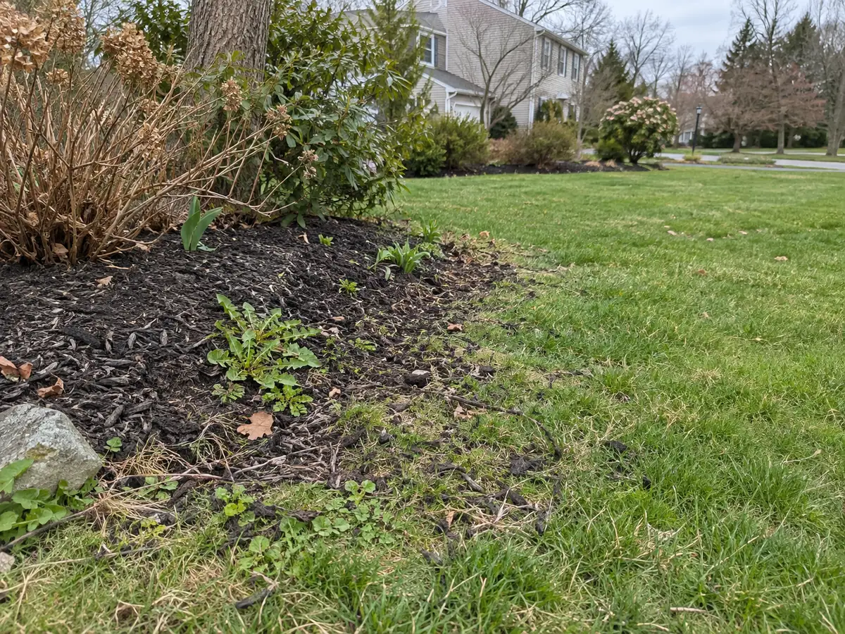 Blurred planting-bed boundary with weeds and mulch spreading into grass.