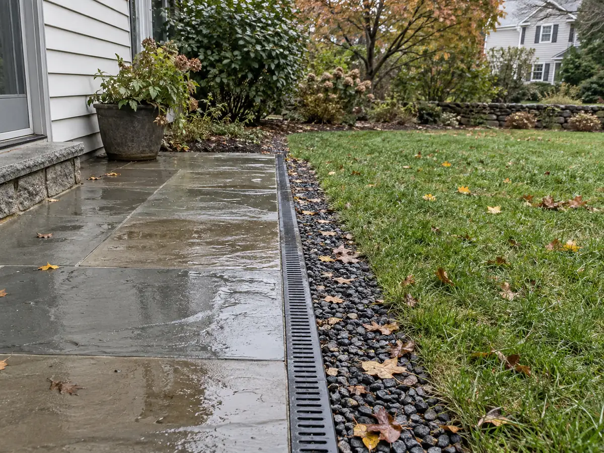 Wet patio paving beside a narrow channel drain and gravel border.