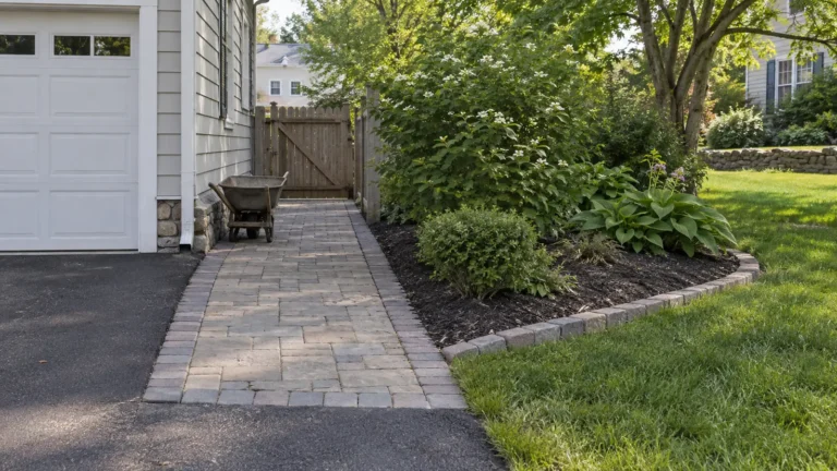 Paver path connecting a driveway to a side gate beside a planting bed.
