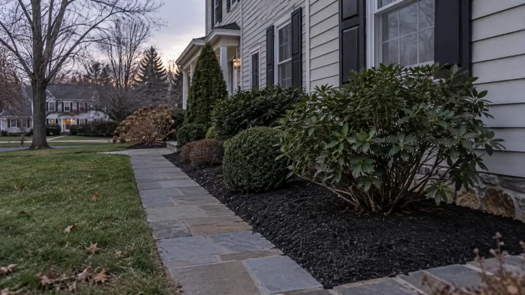 Leaf-free foundation beds and a clear walkway beside a house in late fall.