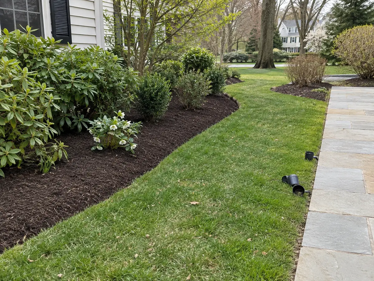 Open grass strip and walkway beside a defined bed edge and uninstalled light fixtures.