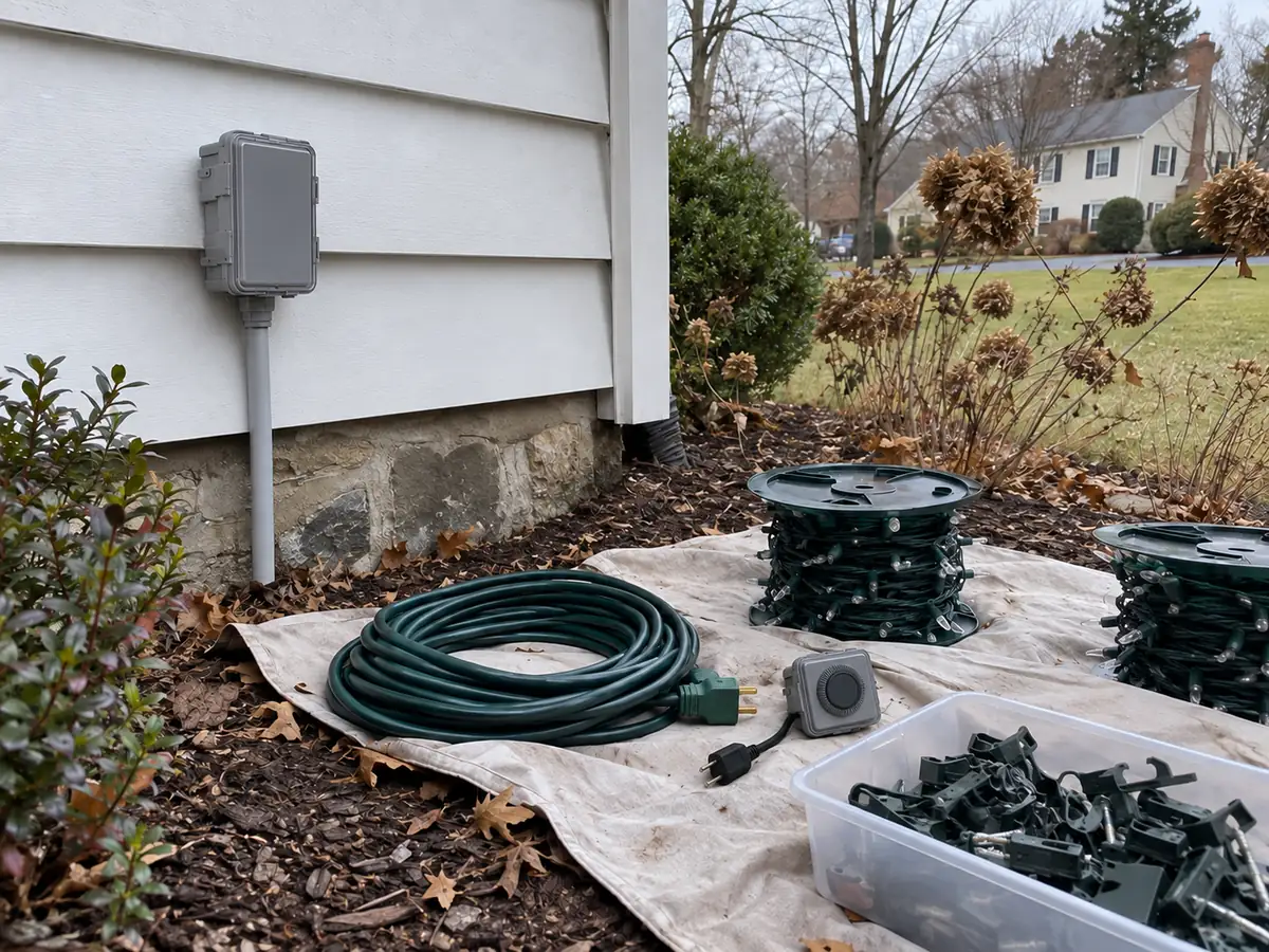 Unplugged timer, extension cord, light spools and clips beside a covered outdoor outlet.