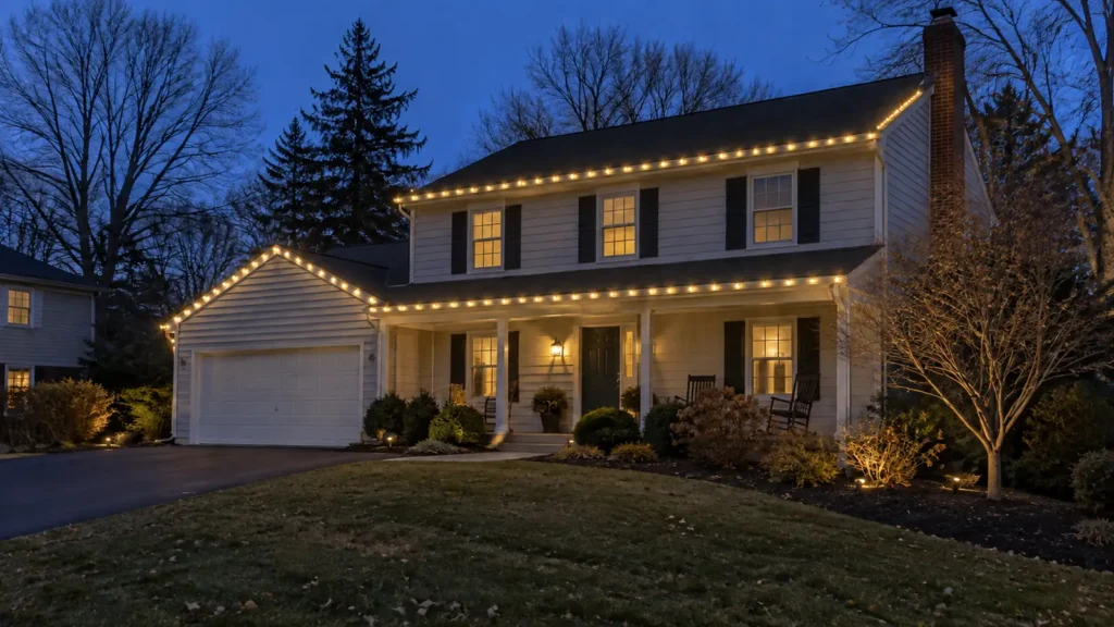Warm-white roofline lights on a suburban house at dusk.