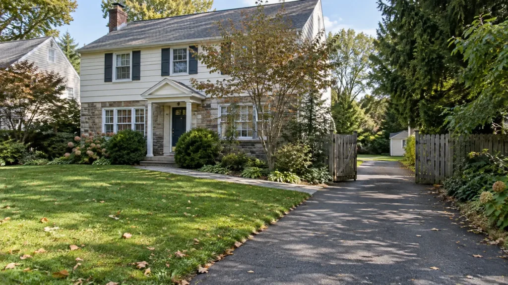 Front lawn, planting beds and driveway with open access to a side yard.