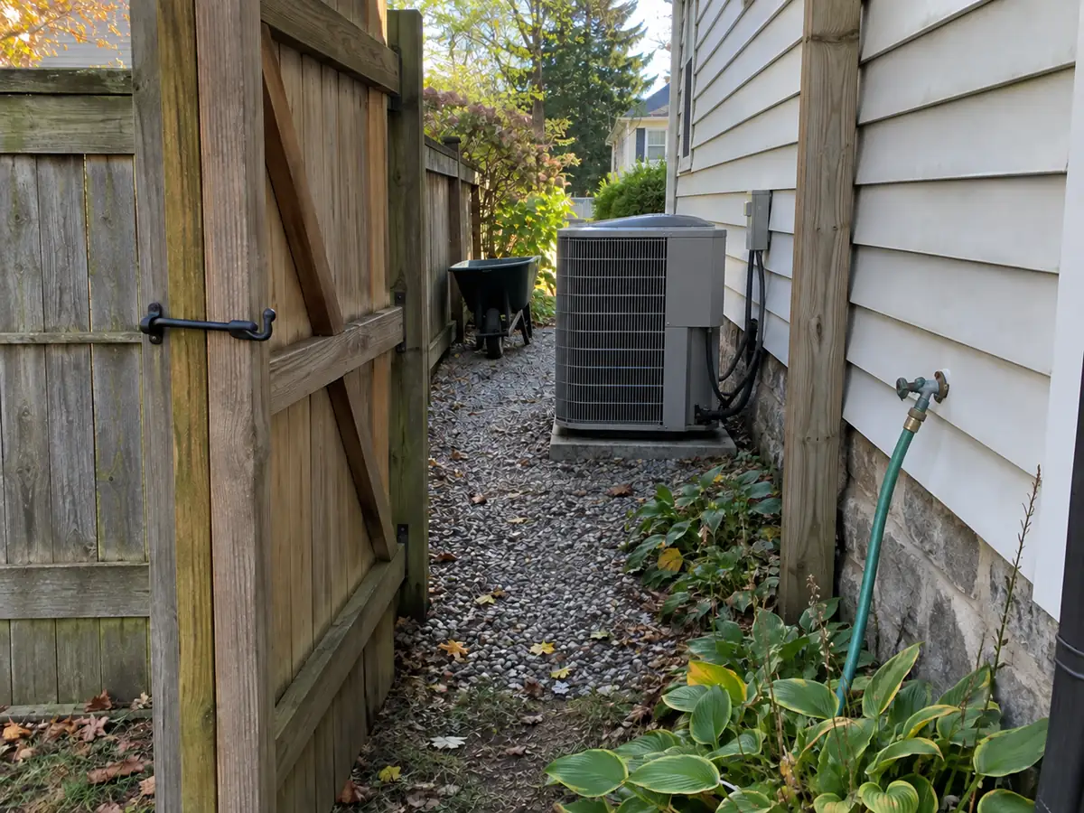 Open wooden gate leading along a gravel side yard past an air-conditioning unit.