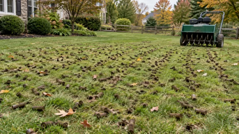 Soil cores scattered across a freshly aerated lawn with an unattended aerator nearby.