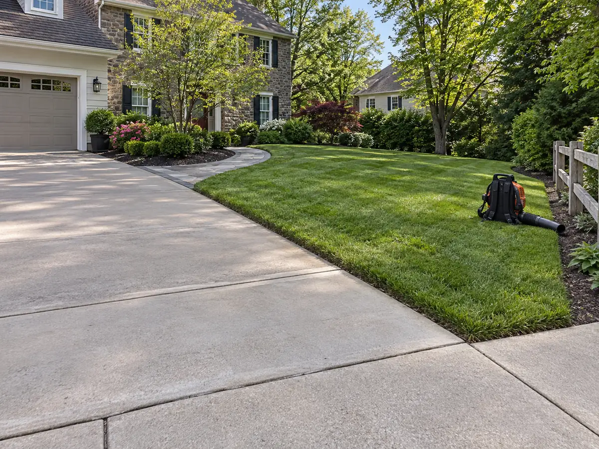 Cleared driveway and trimmed lawn with an unattended backpack blower.