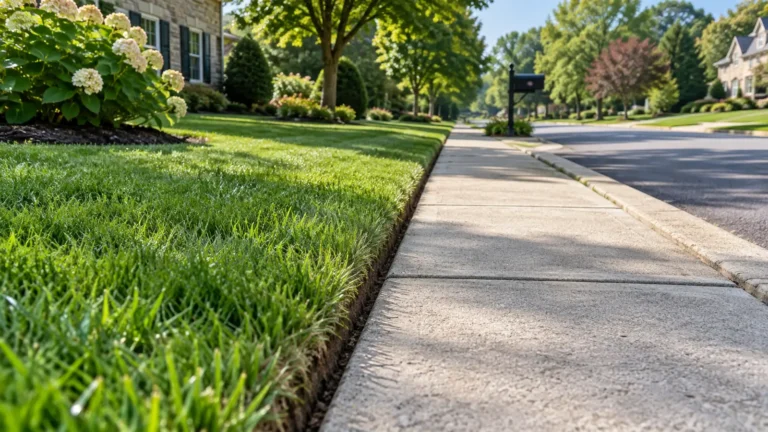 Cleanly edged green lawn beside a concrete sidewalk and street curb.