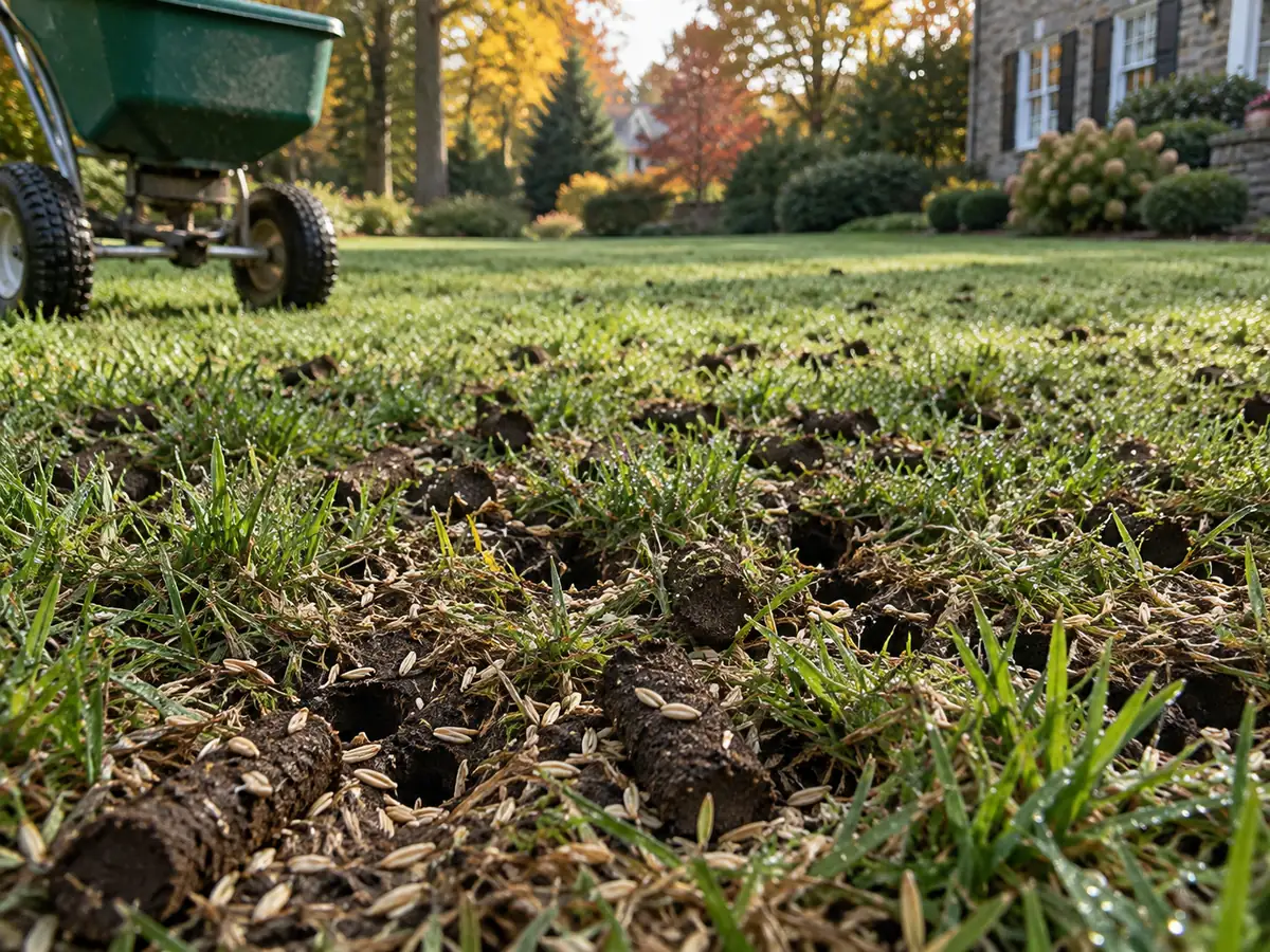 Grass seed and aeration cores on thin turf beside an unattended spreader.