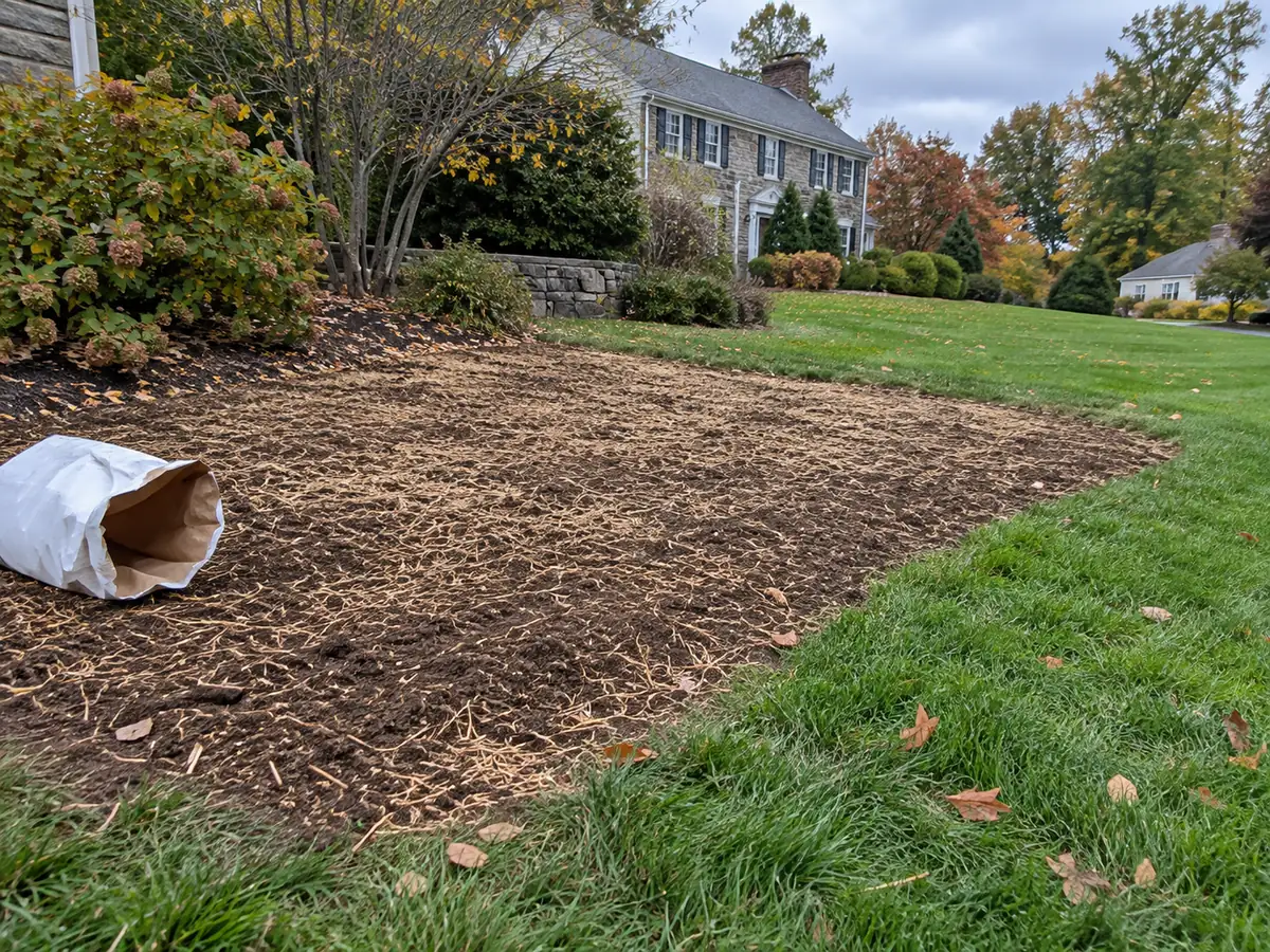 Prepared soil patch with a light straw covering beside an established lawn.